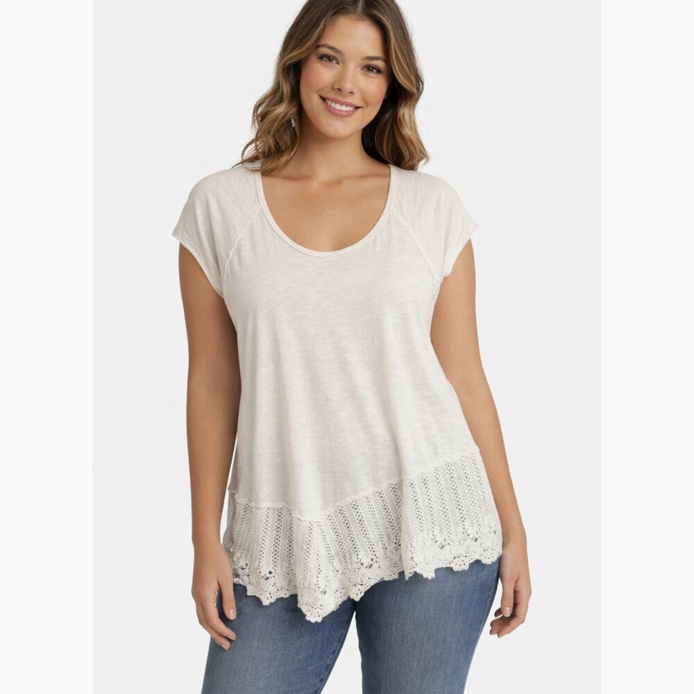 Altar'd State Large Cream Short Sleeve Top Knit Crochet Hem Details